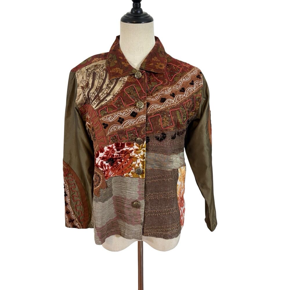 Vtg 90s Life‎ Style Petite Jacket Patch Work Velvet Burn Out Fall Boho Sz M Art